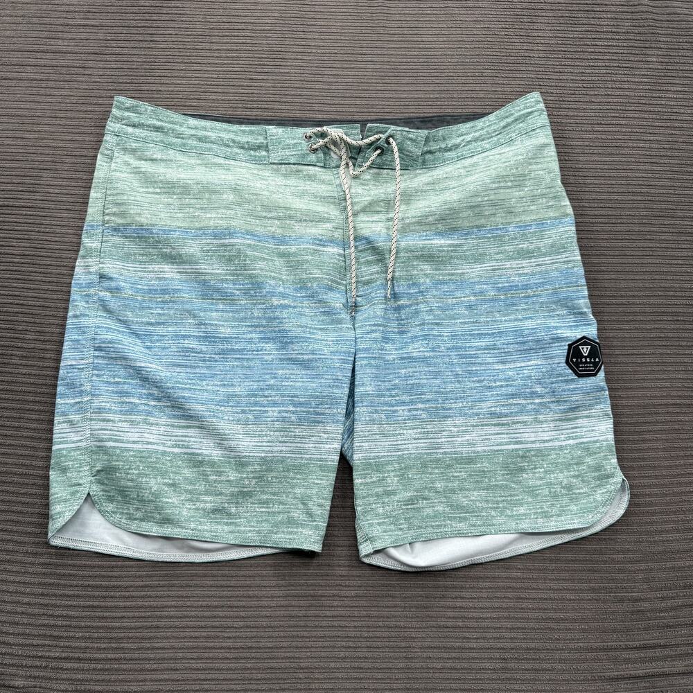 Vissla Board Shorts Mens 38 Green Blue Stripe‎ Swim Trunks Quick Dry Poly Cotton
